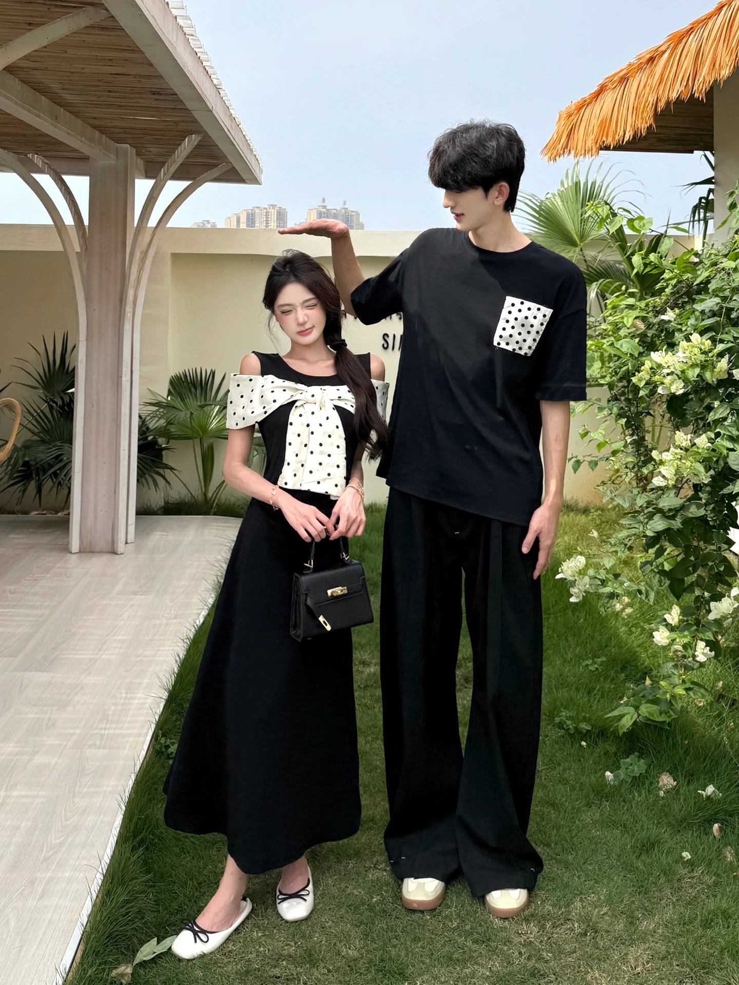 Couple's Polka Dot T-Shirt And Skirt Set with Bow Tie Short Sleeve Summer Outfit Half Body Skirt One Top One Skirt Ensemble