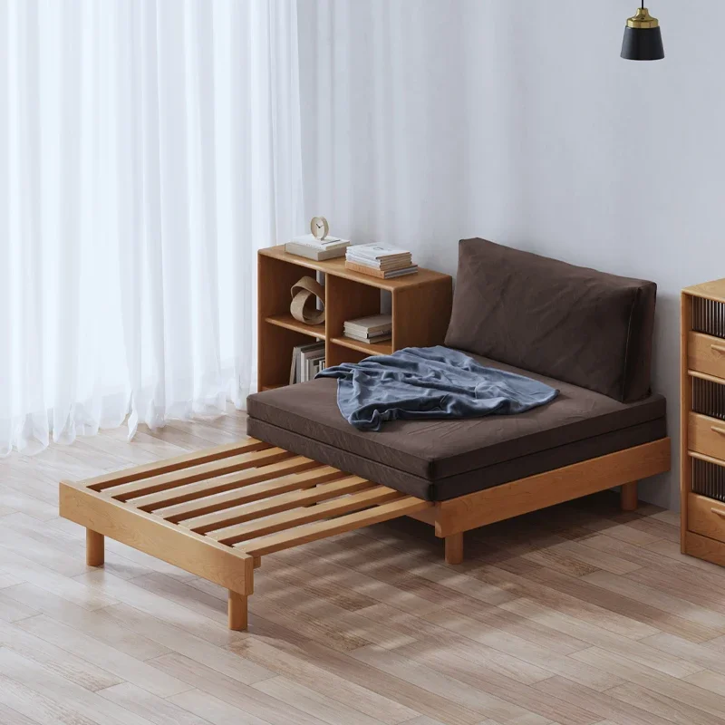 

Solid wood sofa bed, oak modern simple pull-out small apartment folding tatami 1.2 telescopic single bed 1.3 meters