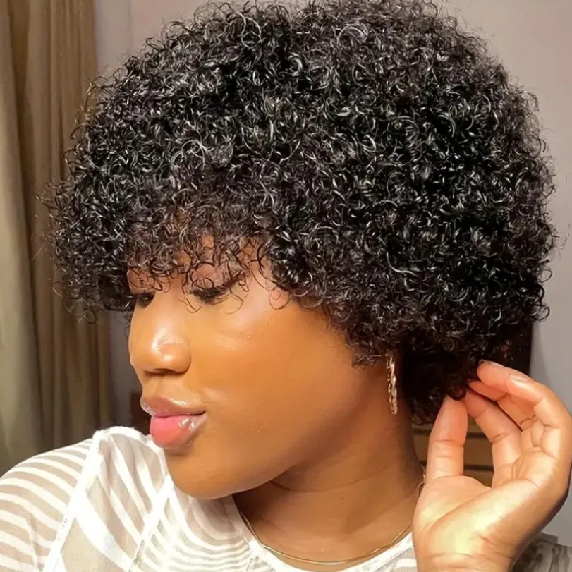 흑인 여성용 짧은 곱슬 가발, 인모 아프로 곱슬머리, 전체 기계 제작 가발