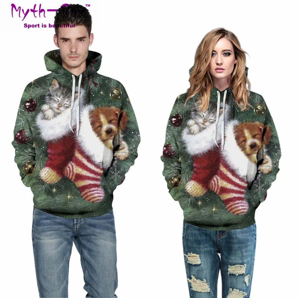 Women/Men Hoodie Sweatshirts Christmas Hoodies Women Cat Dog 3D Print Long Sleeves Sportwear Hooded Sweaters Streetwear Pullover