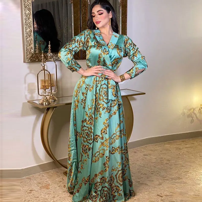 Autumn Modest Muslim Dress Elegant Evening Party Gowns Dubai Middle East Long Sleeves Vintage Printing Maxi Dresses Abaya Robe