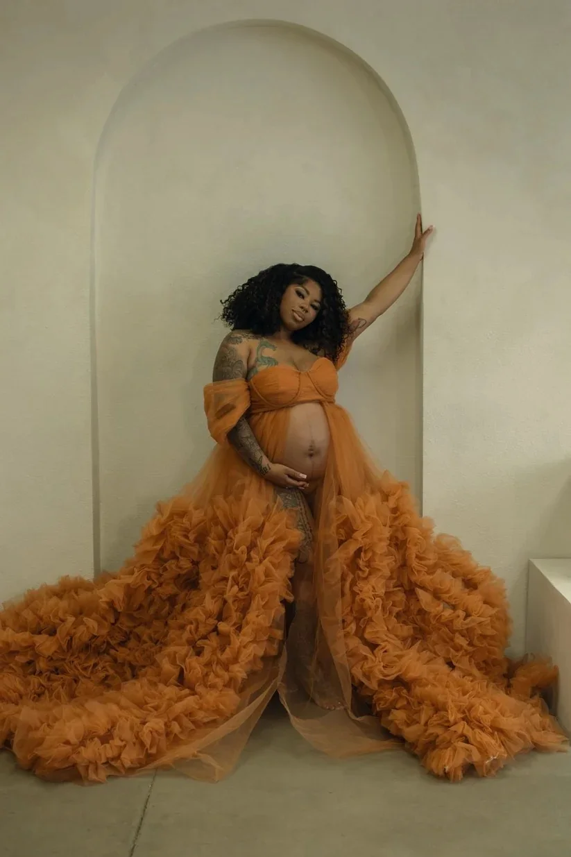 Uma linha laranja vestido de maternidade para photoshoot babados longos vestidos de fotografia para mulheres grávidas vestidos de chuveiro de bebê personalizados