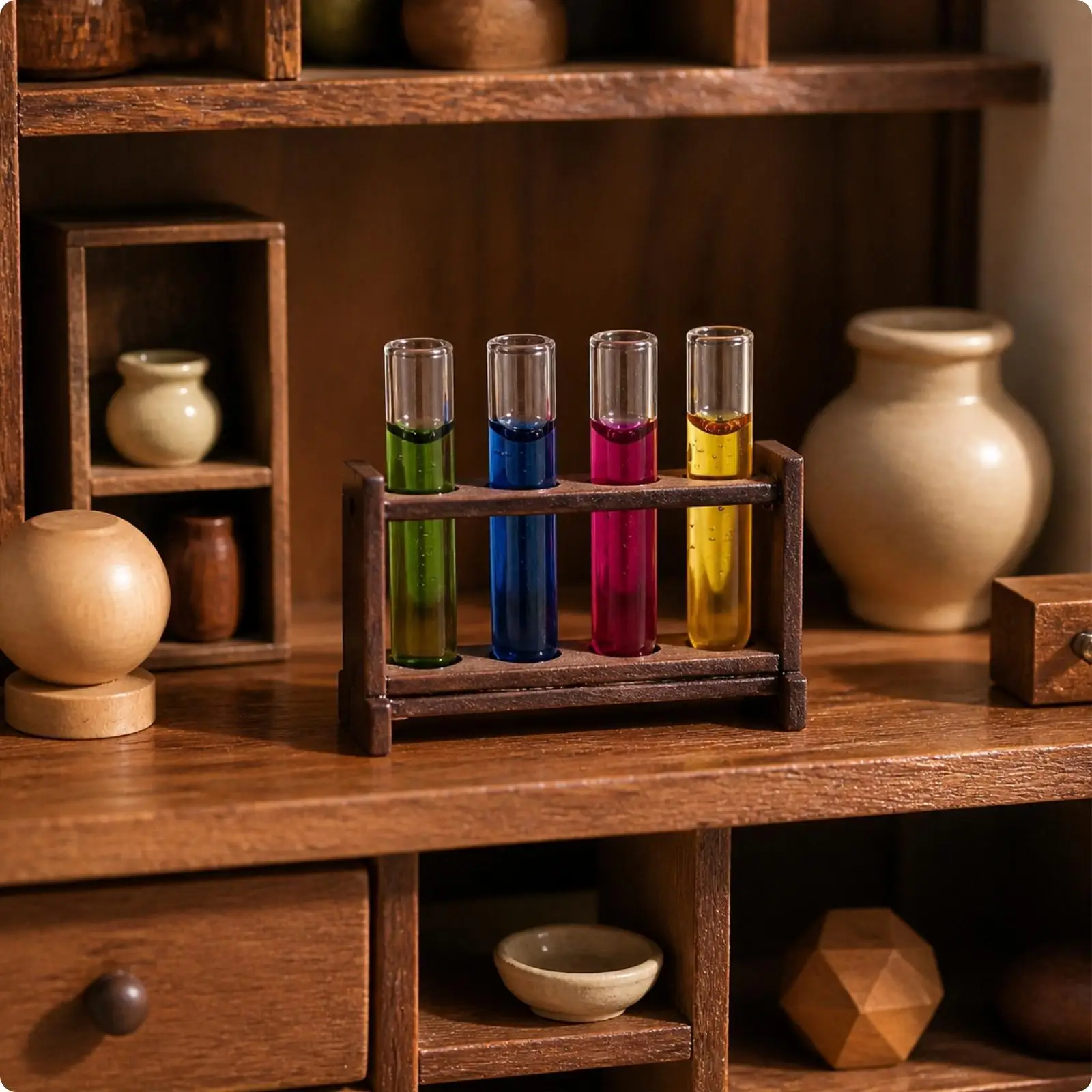 Small Scale Laboratory Prop Rectangular Wooden Test Tube Holder for Themed Diorama Styling