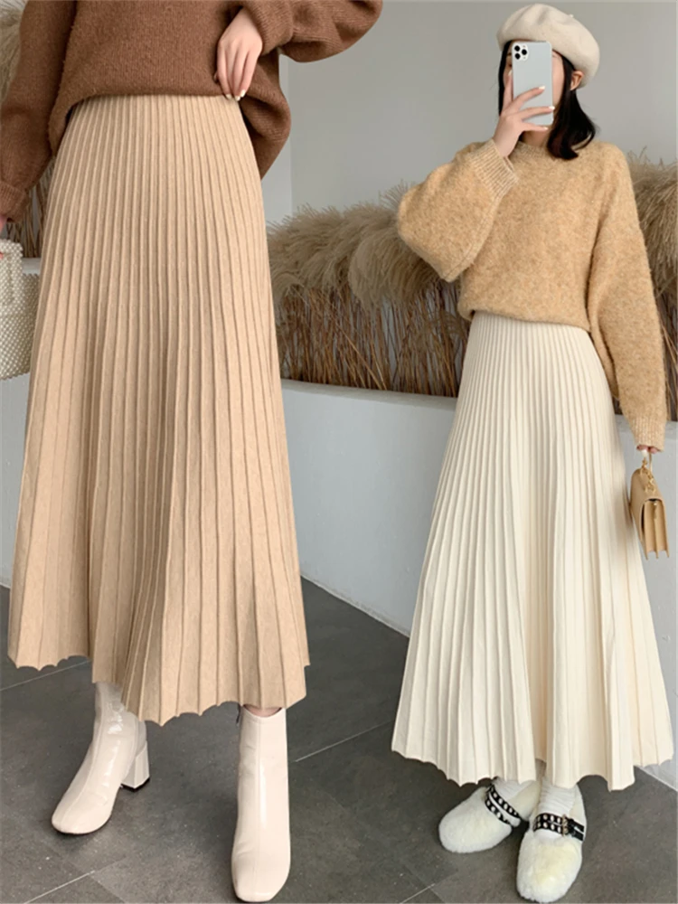 REALEFT 2022 New Thicken Women's Knitted A-line Skirt Elegant Autumn Winter Solid Color High Waist Warm Long Skirts Female