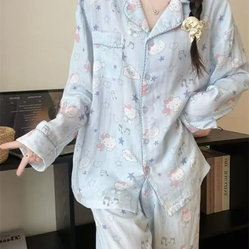 2Pcs 애니메이션 헬로 키티 여성 잠옷 봄 가을 세트 카와이 나이트 가운 만화 탑 바지 아름다운 소녀의 홈 의류 선물