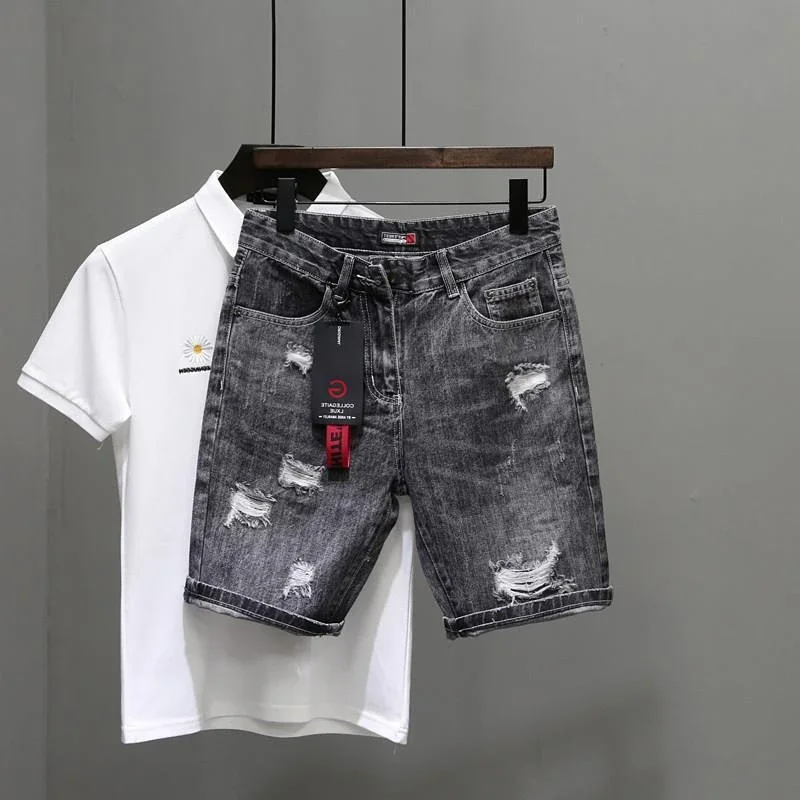 Shorts jeans rasgados preto e cinza para homens, jeans elásticos, calças com zíper, botões populares de designer, emo novo, original