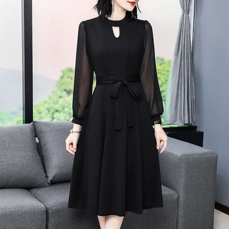 

Elegant Solid Color Spliced Hollow Out Bandage Bow Midi Dress Women Clothing 2023 Spring Summer New Loose Office Lady Long Dress