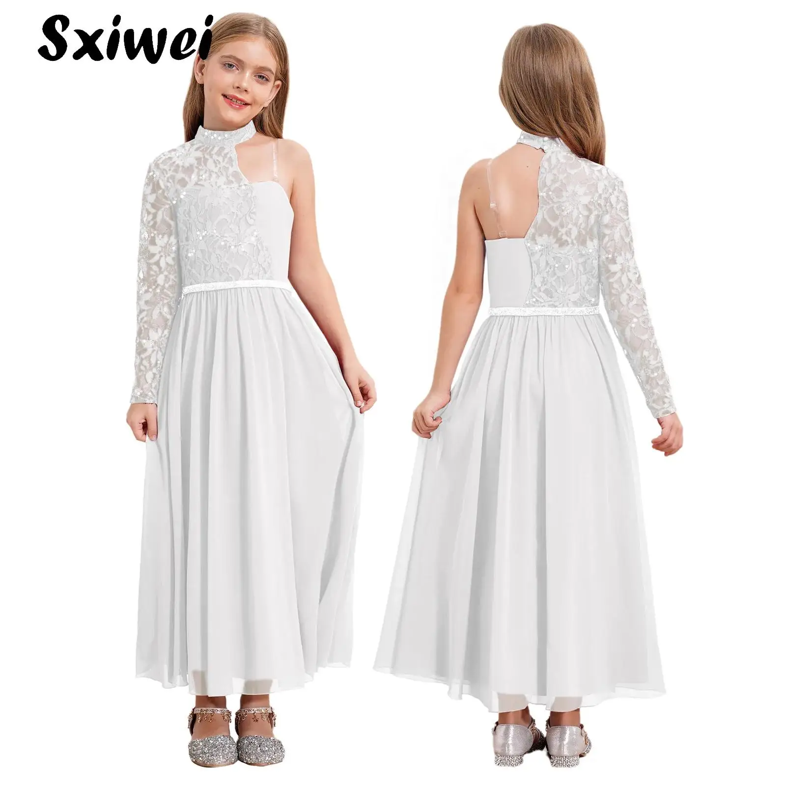 

Girls Junior One Shoulder Lace Bodice Chiffon Overlay Prom Bridesmaid Wedding Gown Maxi Dress for Wedding Birthday Evening Party