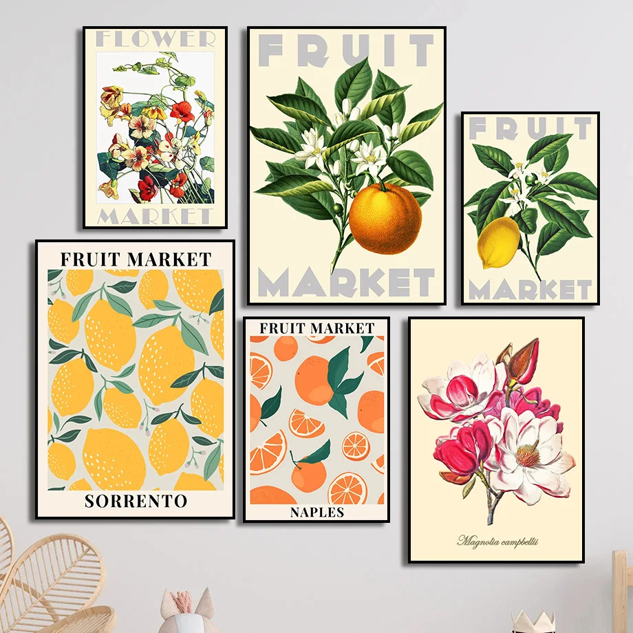 Fruit and Flower Market Retro Vintage 60s 70s Poster Lemon Orange Wall Art Print Canvas Painting Wall Pictures Kitchen Decor