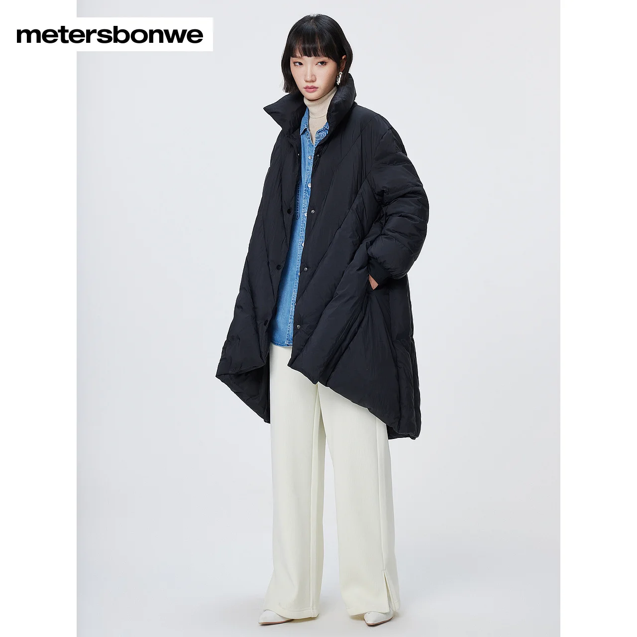 Metersbonwe Medium Length Down Jacket Women Stand Collar Parker Coat Ladies 2023 New Fashion Basic Warm Jackets Blue Outerwear