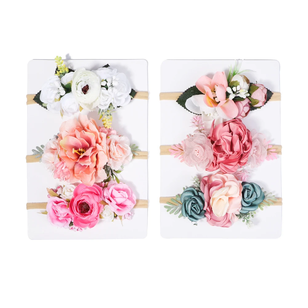 3/4PCS Artificial Flower Headband Set for Baby Girls Floral Hair Bands Newborn Toddler Elastic Nylon Kids Headwear Accessories