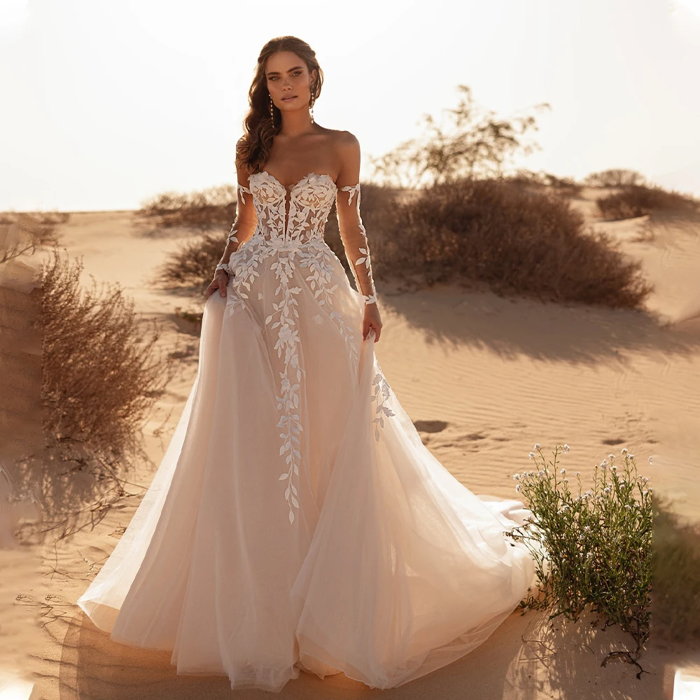 

Очаровательные свадебные платья трапециевидной формы с длинными рукавами и кружевной аппликацией в форме сердца, свадебные платья с разрезом по бокам, на заказ, свадебные платья 20л.