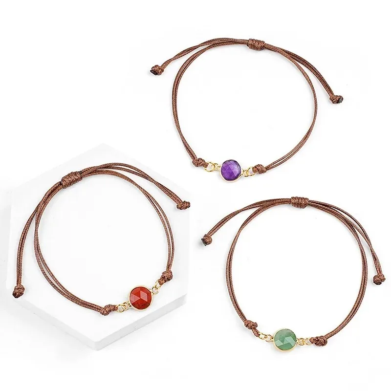 Wholesale 10pc/lot Natural Stone Women Adjustable Brown Rope Bracelets Pink Quartz Obsidian Amethysts Bracelet Jewelry Gift