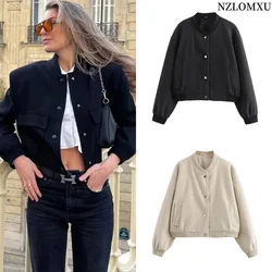 Woman Bomber Jacket Coat White Autumn Winter Button Baseball Aviator Cropped Jackets for Women Long Sleeve Crop Outerwear