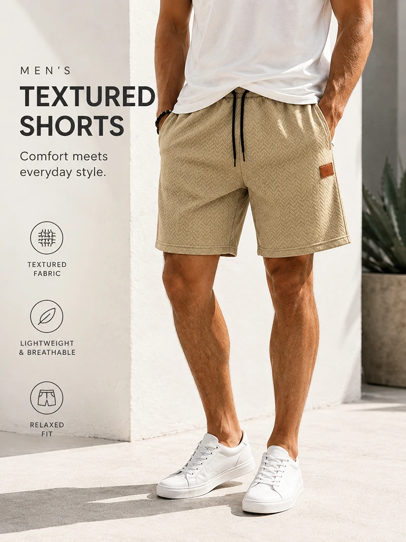Herren Sommer-Jacquard-Shorts, Lässige Passform mit Kordelzug, Strukturiert, Leicht, für Urlaub und Alltag – Detail 1