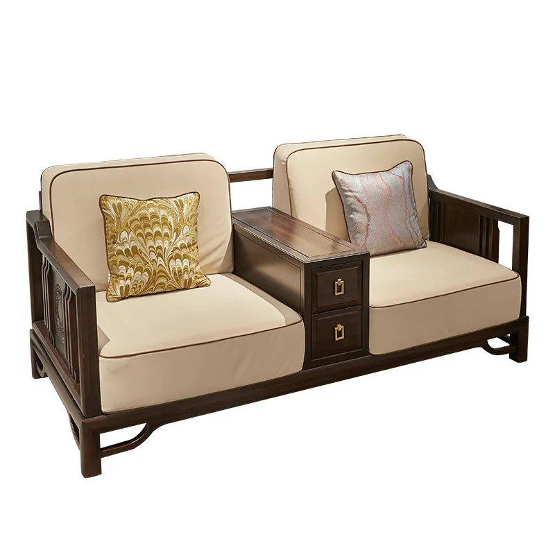 Solid wood sofa large apartment Zen fabric, ebony 1 + 2 + 3 combination villa furniture solid wood