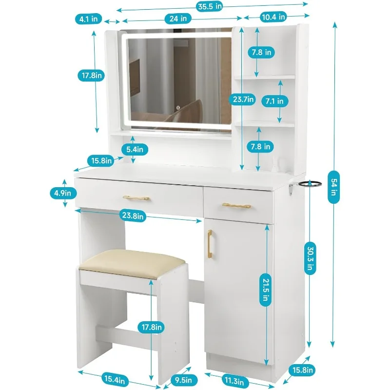 거울과 조명이 있는 화장대 책상, 서랍이 있는 화장대 책상, 충전 스테이션이 있는 화장대, 의자가 있는 화장대