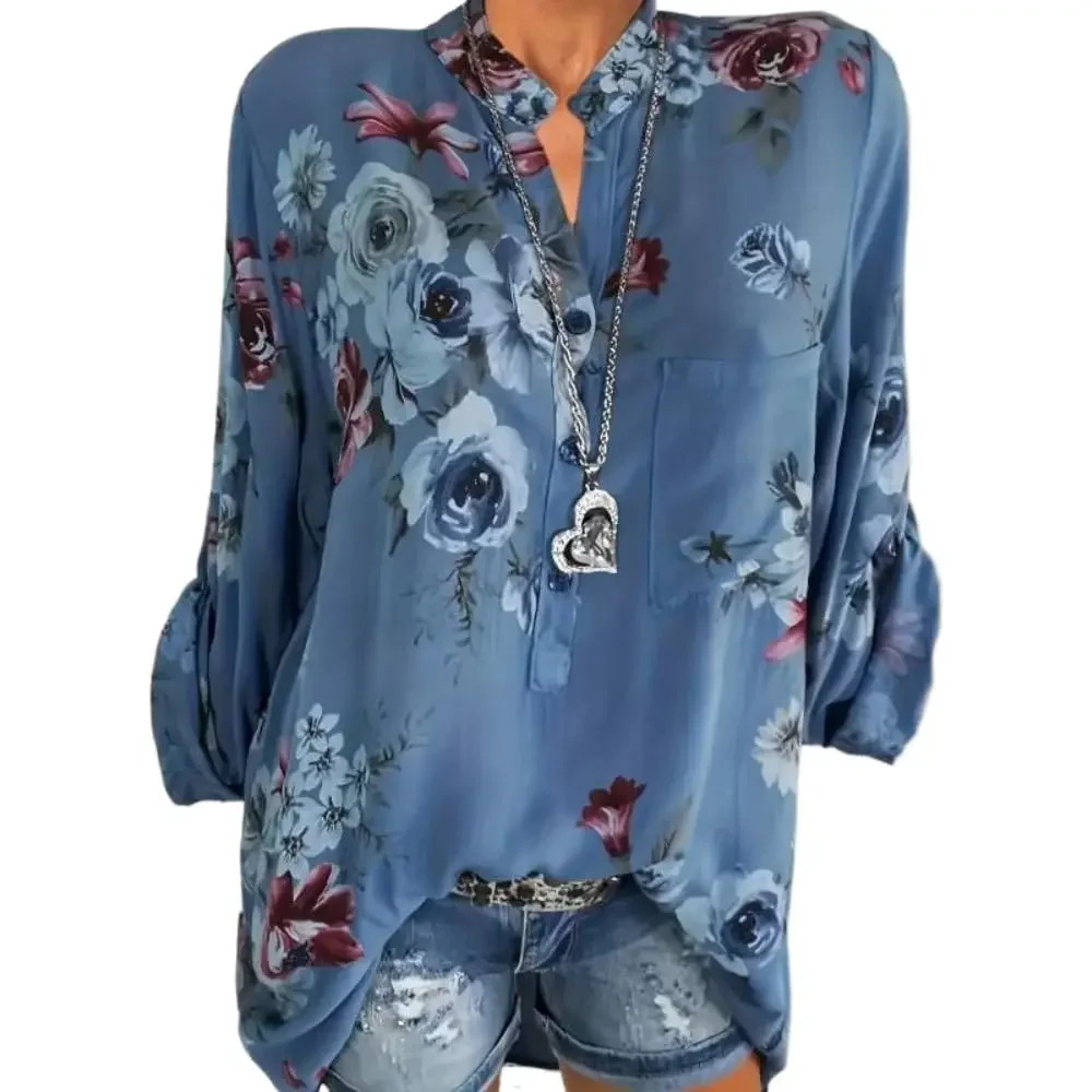 Vintage-Bluse mit Blumenmuster für Damen, Stehkragen, halbe Knopfleiste, 3/4-Arm, lockerer, fließender Schnitt – Detail 3