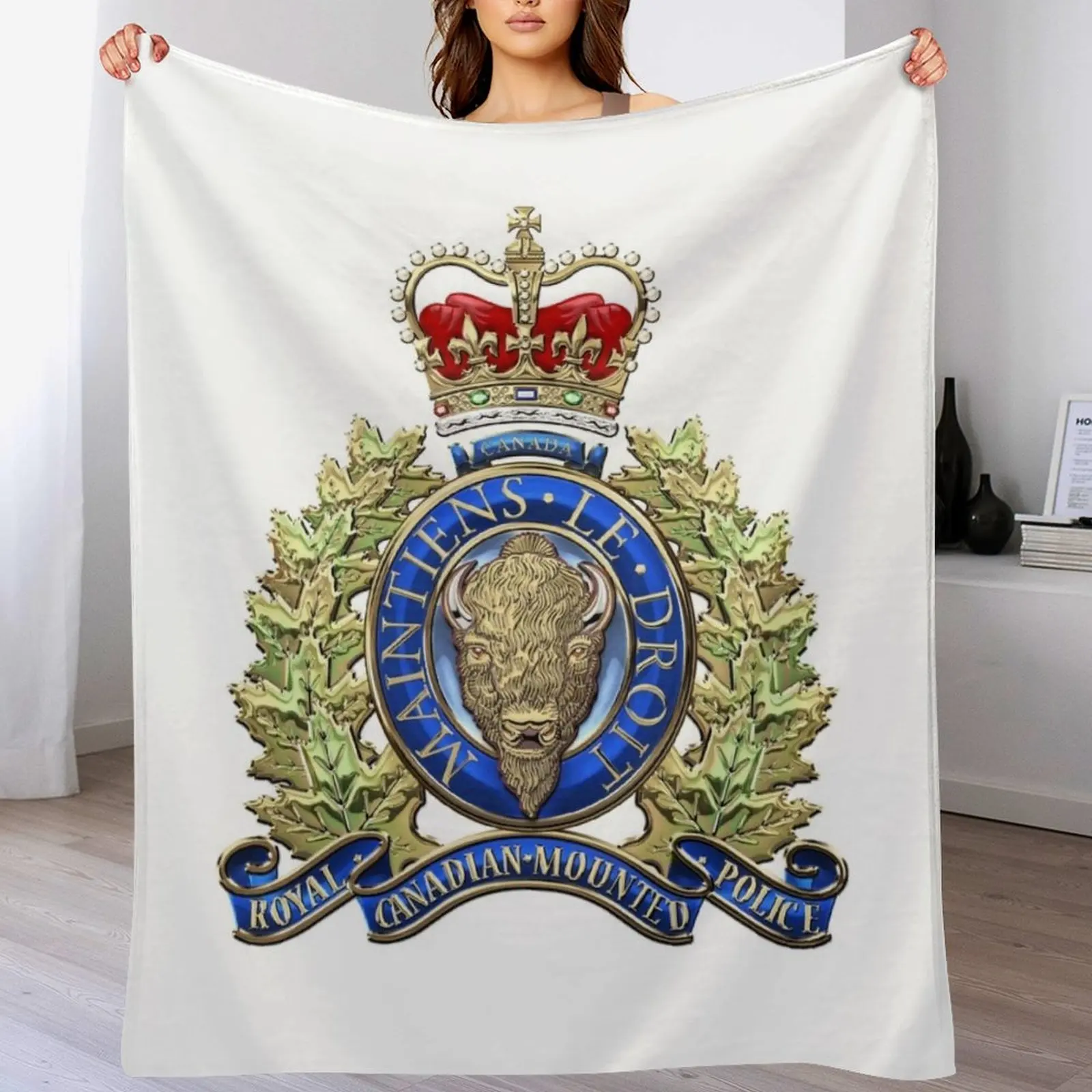 

Royal Canadian Mounted Police - RCMP Badge over White Leather Throw Blanket Nap Tourist Personalized Gift Blankets