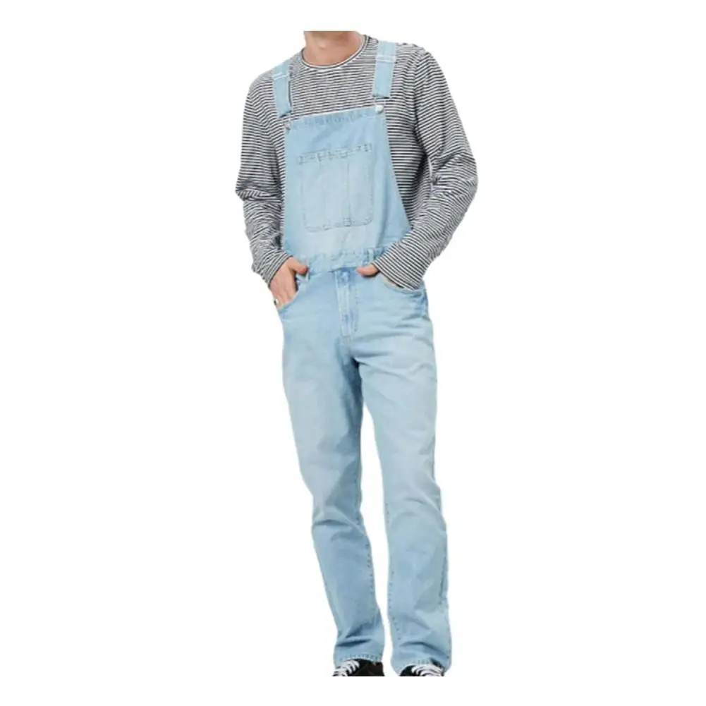 Casual Denim Overalls Men's Soft Breathable Denim Jumpsuit with Suspender Long Pants Non-fading Solid Color for Comfortable