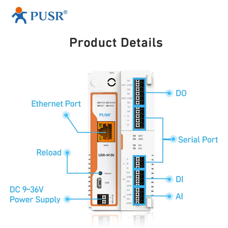 PUSR USR-M100-ETH Industrial Ethernet Version Industrial IoT IO Modbus Gateway with MQTT/SSL Modem IoT Controller