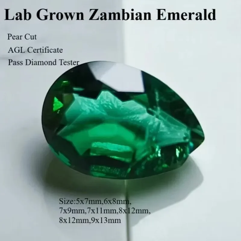 Lab Grown Zambian Emerald- Hydrothermal, Hand-Cut, Pear Shape, with Cracks Inclusions, Selectable  Certificate For Jewelry