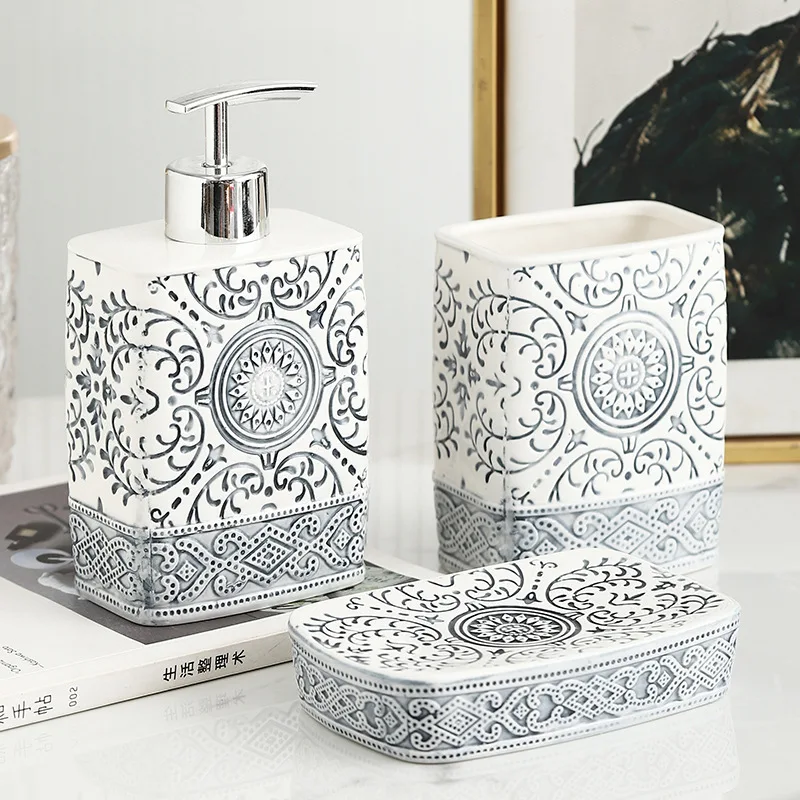 Bohemian Style Square Lotion Bottle Mouthwash Cup Toothbrush Cartridge Soap Box Ceramic Relief Decoration Bathroom Accessories