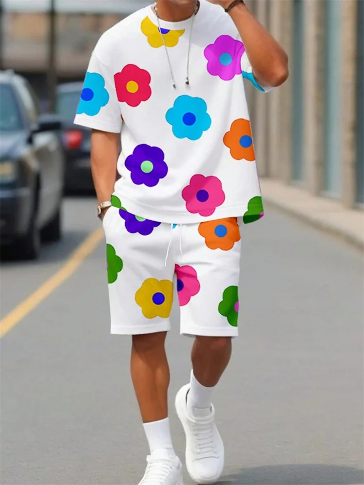 Men's Summer Short Sleeve Set Floral Printed Round Neck T Shirt Set Street Outdoor Breathable T Shirt Drawstring Shorts Set
