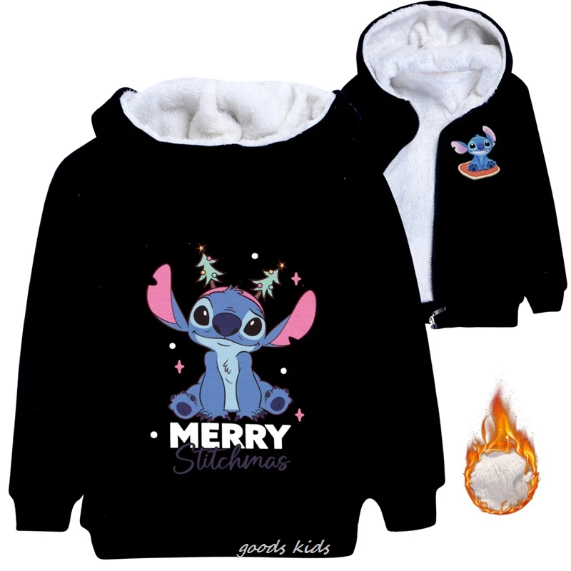 Disney lilo e stitch meninas inverno jaqueta grossa quente pelúcia espessamento zíper com capuz casaco à prova de vento para 1-15 anos presente