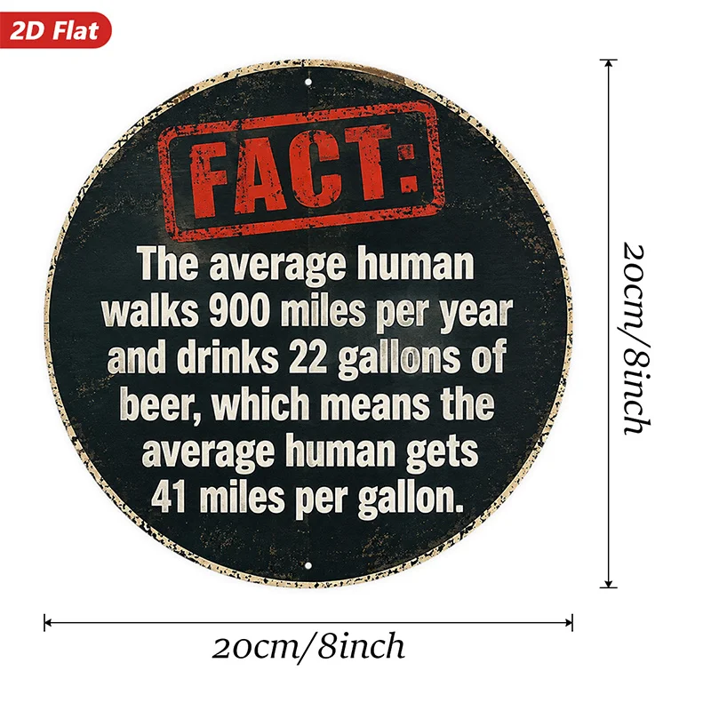 2D Flat, 1pc Humorous Beer Fact Round Metal Sign Wall Art, Average Human Walks 900 Miles, Drinks 22 Gallons Of Beer, Home Decor,