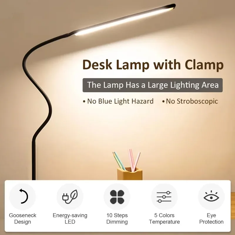 swing Arm Flexible Gooseneck Office Led Learning Desktop Reading Light Table Clamp Book Study Desk Lamp With Clips