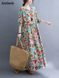 Vestido vintage de manga longa com estampa floral feminino, vestido solto casual, elegante roupão de praia, algodão, primavera, outono, 2024