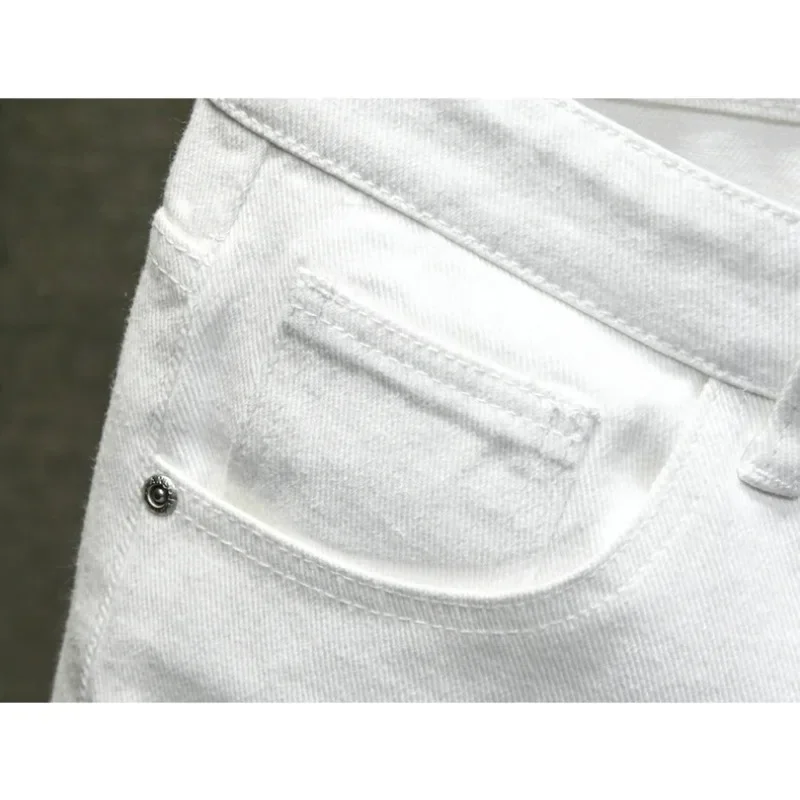 New White Jeans Shorts Men Fashion Ripped Knee Length Pants Simple Casual Slim Hole Denim Shorts Male Streetwear