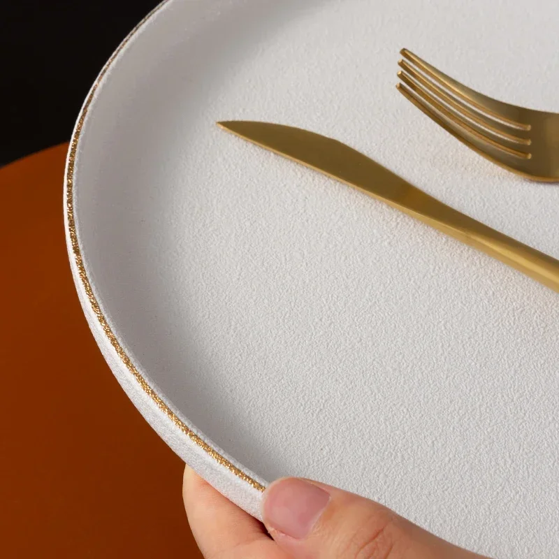 European style ceramic plate White Matte gold plates dinnerware set Steak plate Home Western dishes Dessert plates Round dish