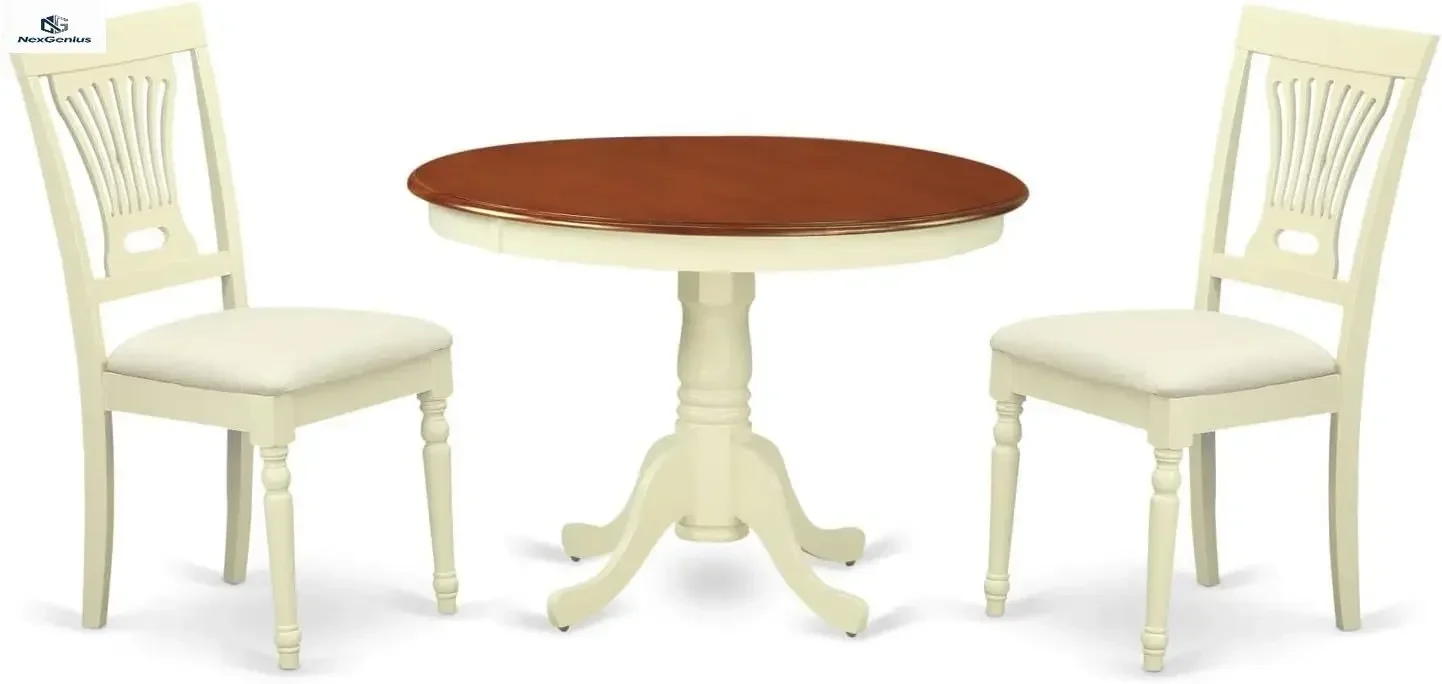 Round Kitchen Table Pedestal Two Linen Fabric Upholstered Dining Chairs 42 Inch Buttermilk Cherry 3 Piece Dining Room Furniture