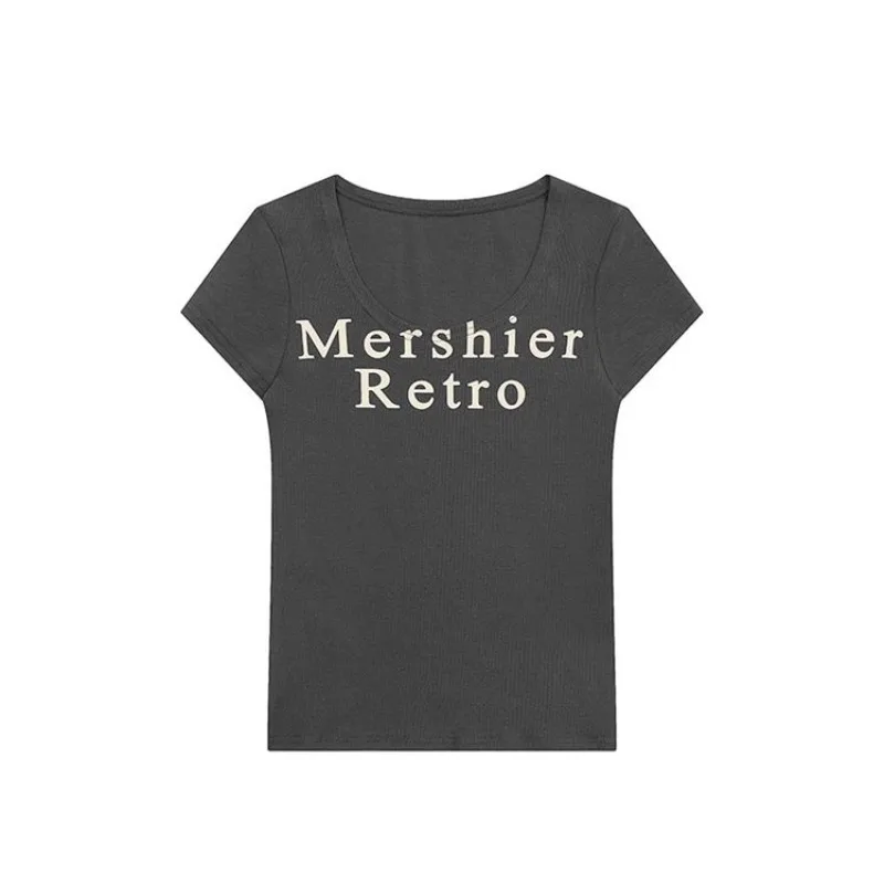 Camiseta veraniega para mujer, Top informal versátil, cuello en U, letras estampadas, hilo de rosca, manga corta, moda coreana