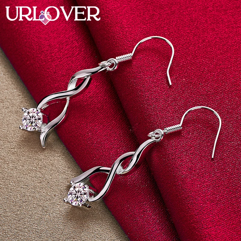 

URLOVER 925 Sterling Silver Earring For Woman Curved Line Zircon Crystal Drop Earrings Party Birthday Wedding Fashion Jewelry