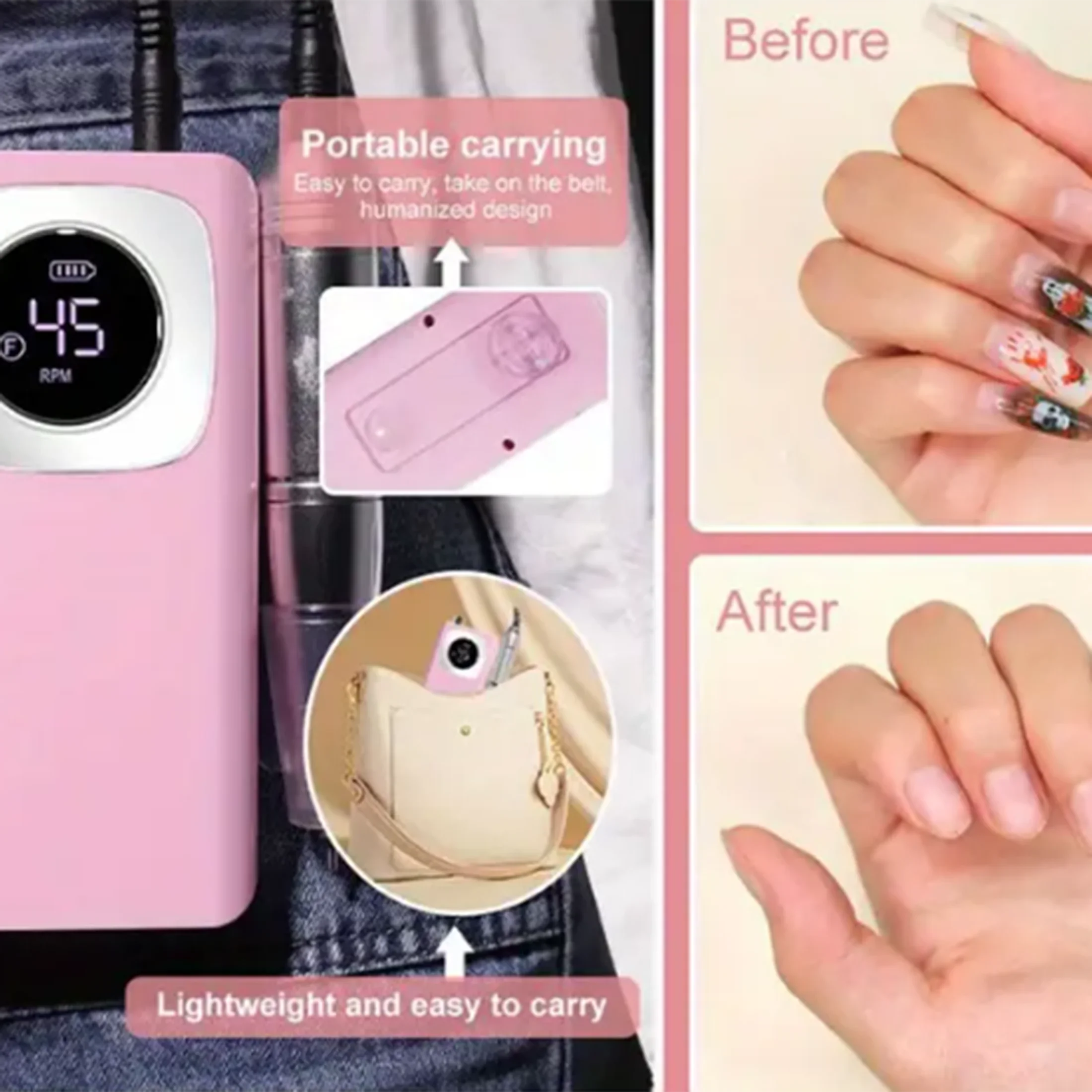 Broca de unha sem fio, 45000rpm, velocidade ajustável, baixo ruído, recarregável, usb, conjunto portátil com 6 bits para salão de beleza profissional doméstico