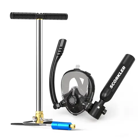 SCORKLER 0.5L Mini Scuba Diving Tank with Snorkeling Full Face Mask And Hand Pump Diving Cylinder Dive Equipment for Adults
