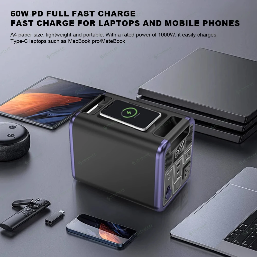 Portable Station 800W/1200W LiFePO4 Solar Car 220V AC 5V USB Outlets Type-C Wireless Charging Emergency Backup for Wireless