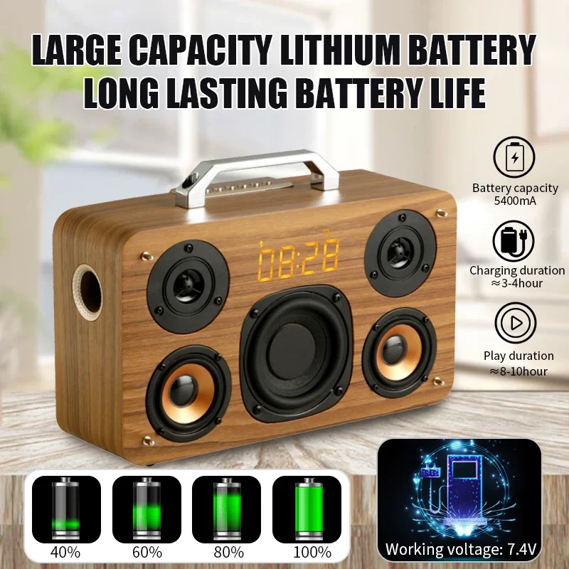 M300 40W High Power HiFi Stereo TF Card Aux Playback Desktop Wooden LED Alarm Clock Bluetooth Wireless Speakers Heavy Subwoofer