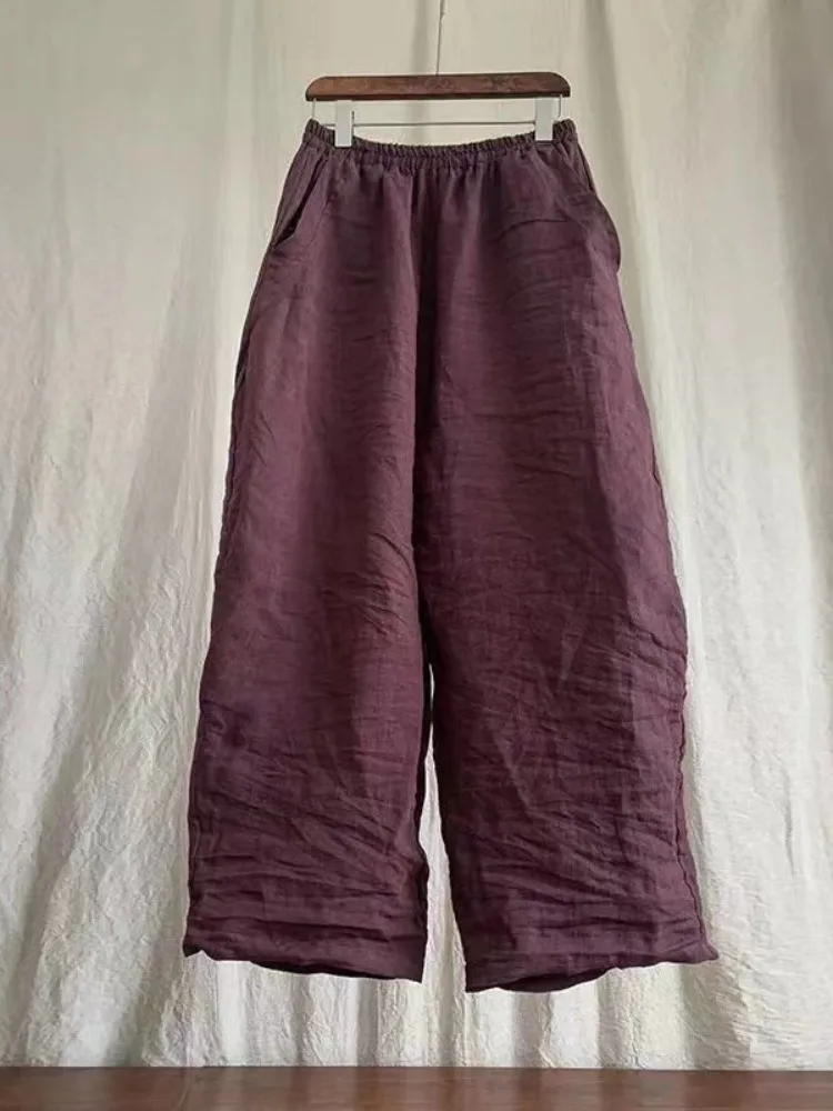 Pantalon à jambes larges en coton et lin pour femmes, rétro artistique, taille élastique, fin, décontracté, droit, Zen Sle, été