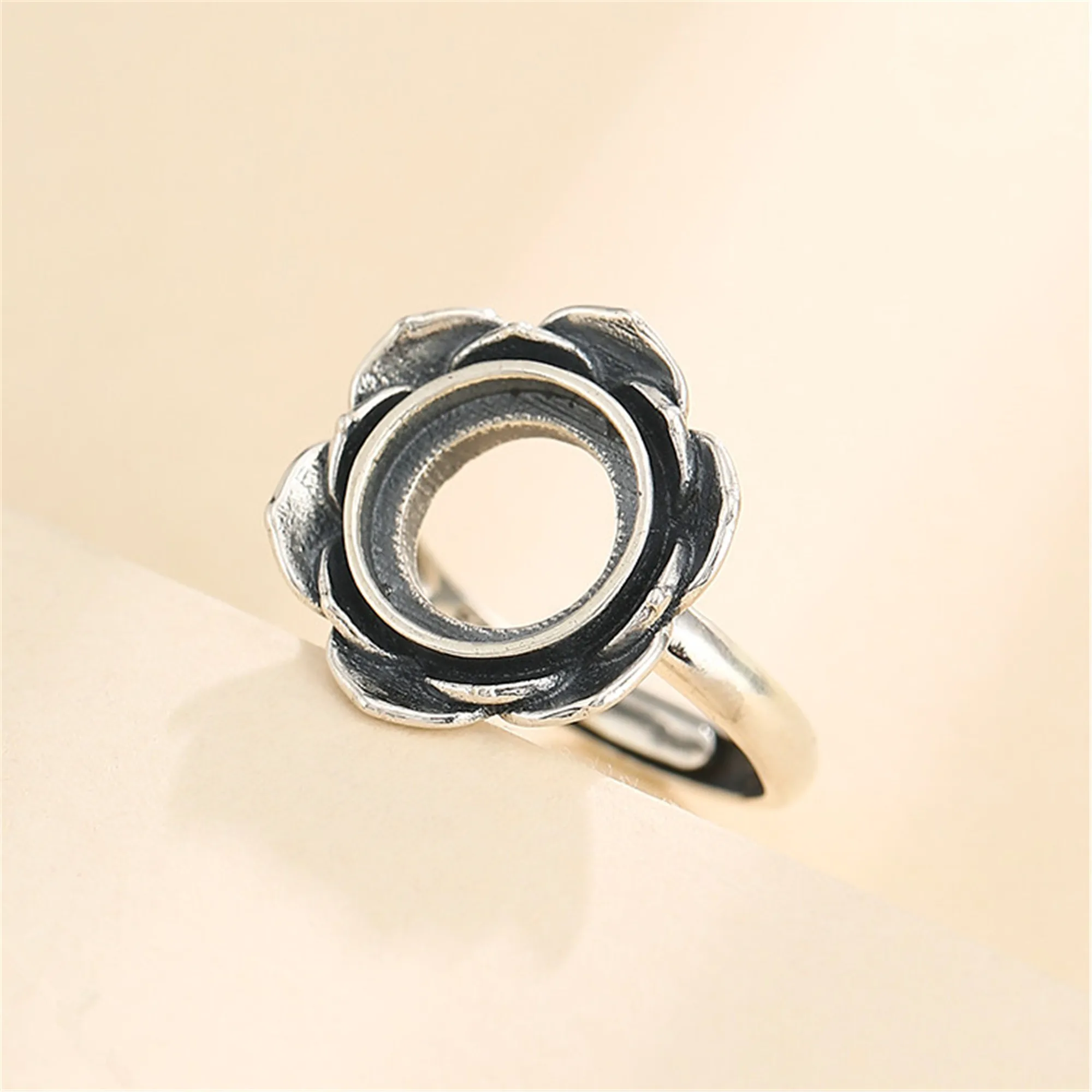 Ring Setting for 10x10mm Round Cabochons Antique Style Ring Blank Thai Sterling Silver Adjustable Lotus Ring Base SR0636