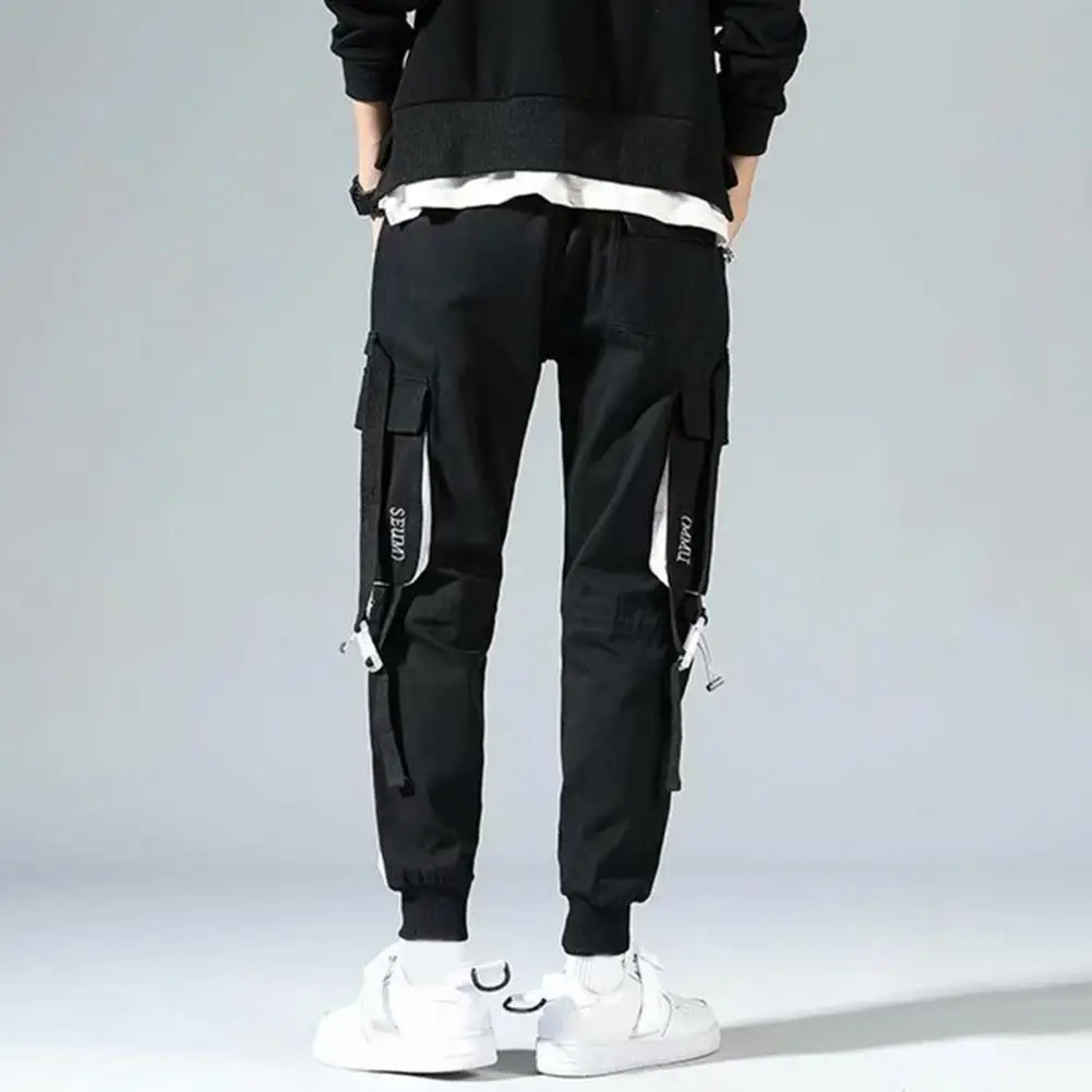 Men Loose Trousers Stylish Men's Cargo Pants with Strap Decor Multi Pockets Elastic Waist Hip Hop Streetwear Trousers for Work