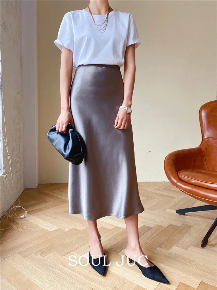 

Silk Satin Skirts for Women High Waisted Skirt 2024 Women A-Line Elegant Skirts Summer Pink Midi Skirt New Korean Style