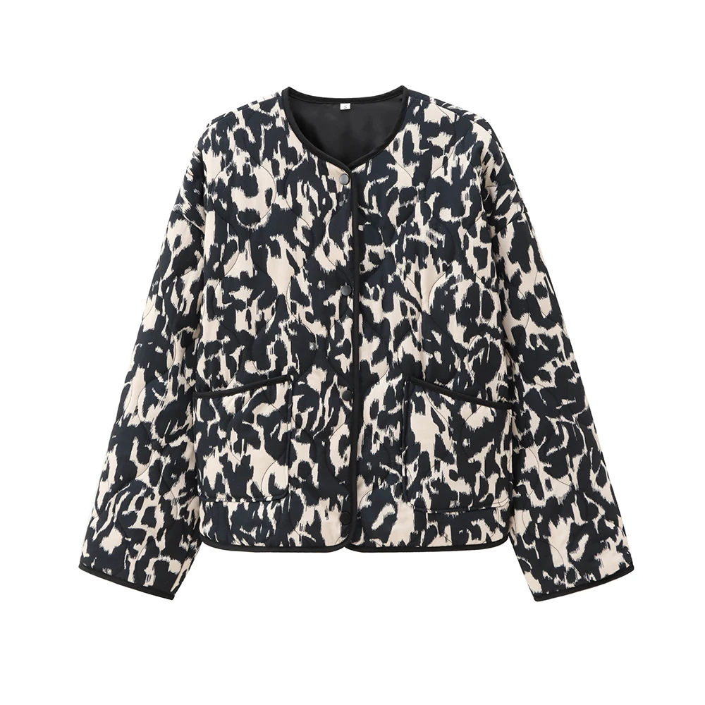 

Winter Women Leopard Print Cotton Padded Coats American Style O-Neck Single Breasted Quilted Jacket Casual Loose Warm Coats