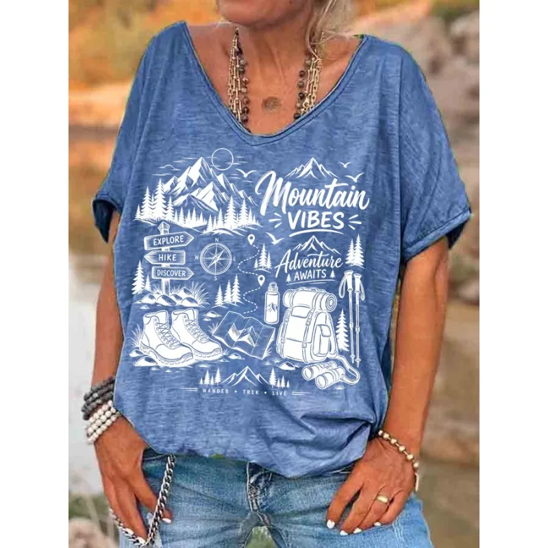 ilstile Women's Hiking Mountain Print T-Shirts Summer Short Sleeve Casual Loose V Neck Tops Green Tees New Arrival