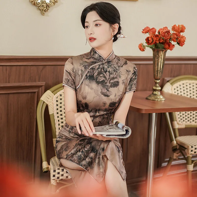 Long Qipao New Chinese Dresses Elegant Cheongsams Women Dress Sexy Print Floral Vestidos Silk Satin Qipaos Improved Gown