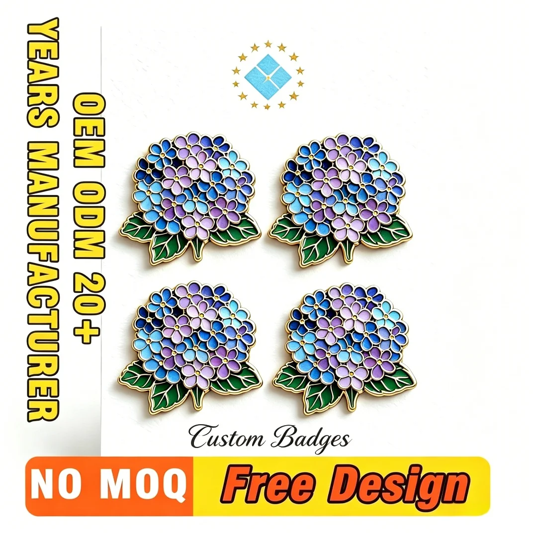 Custom Metal Lapel Pin Hydrangea Floral Enamel Brooch Personalized Gold Rim Blue Purple Flower Jacket Backpack Decor Gift