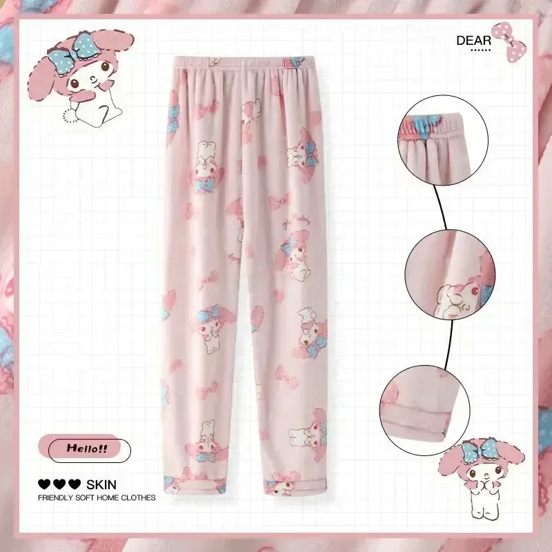 Miniso Sanrio Anime Kuromi My Melody Cinnamoroll Flannel Pajamas Pants Pj Fashion Womens Men Kawaii Woolen Cartoon Casual Home